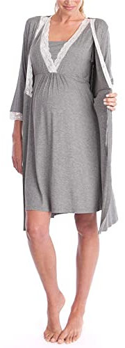 Bysion Maternity Set Premamá Camisón Encaje Embarazo Lactancia para Cuello en V Manga Corta Camisones - Bata para el Hogar y el Hospital/2 Piezas