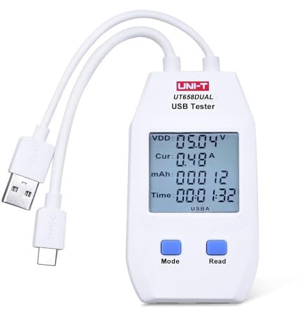 UNI-T UT658DUAL Multimètre de tension et de courant USB type A et type C pour produits numériques Capacité de charge avec stockage de données