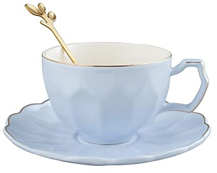fanquare 200ml Taza de Café Azul con Cuchara, Elegante Taza de Té de Porcelana con Platillo, Taza de Té Británica de Mujer para Boda, Regalo de Cumpleaños