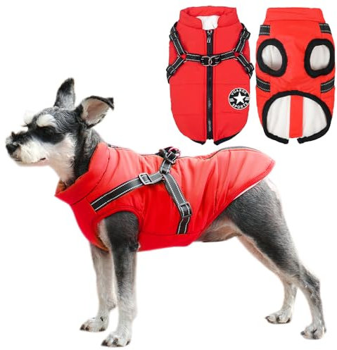Voarge Hundejacke Winterweste Jacken, Hundemantel mit Geschirr für Kleine Hunde Hundemantel Wasserdicht Maschinen Waschbarer Reflektierender Streifen Design Haltbarer D-Ring (Rot, M)