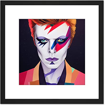Wee Blue Coo Retro Aladdin Sane Bowie Ziggy Bright Colourful Music Icon Portrait Square Wooden Framed Wall Art Print Picture 9X9 Inch