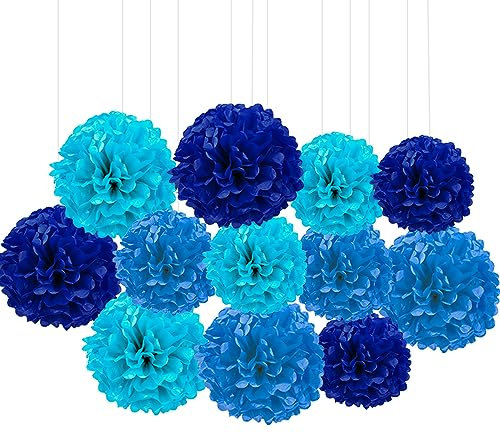 Ainmto 12 Stück Seidenpapier Pompons Blau,Party Pompons Deko für Geburtstag, Hochzeit