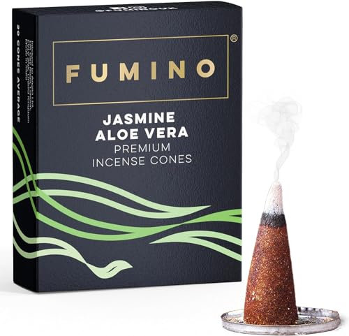 Fumino Cônes Encens Naturel Parfum Jasmin Aloe Vera - 15 Cônes Encens Frais Masala Agarbatti Joss Smoke - Fragrances pour Relaxation, Méditation, Détente et Décoration Intérieure