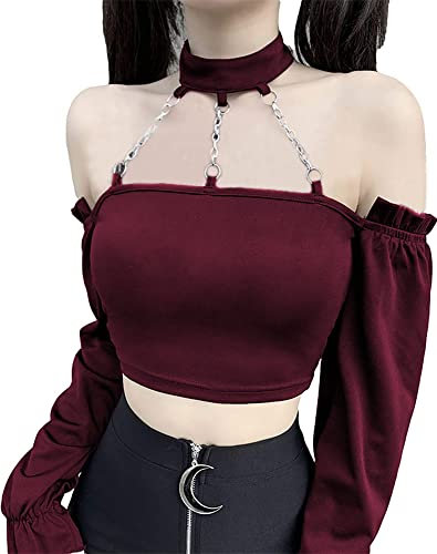 DINGJIUYAN Off The Shoulder Gothic Tops for Women - Fairycore Black Party Tops- Long Sleeve T Shirts -Halter Neck - Backless Gothic Style -Dark Punk Blouse