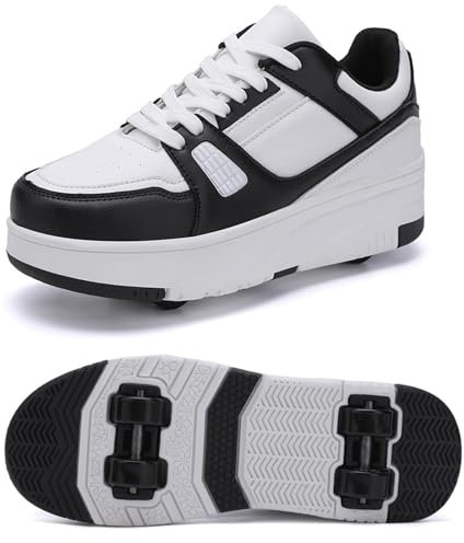 XRDSHY Schuhe mit Rollen für Jungen Mädchen, Skateboardschuhe Sportschuhe Turnschuhe Kinder Erwachsene, 2 in 1 Multifunktionale 4 Rollen Rollschuhe,Black-34 EU