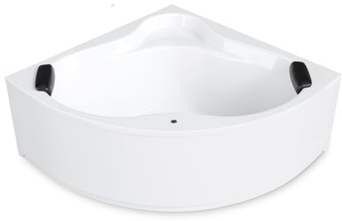 AQUADE Acryl Eckbadewanne 150x150 Modell: Essen Hergеstellt in Dеutschland - Weiß Badewanne Komplettset - Badewannen mit Wannenfüßen + Schürze + Ab-Überlauf mit Zulauf + Nackenkissen + Led