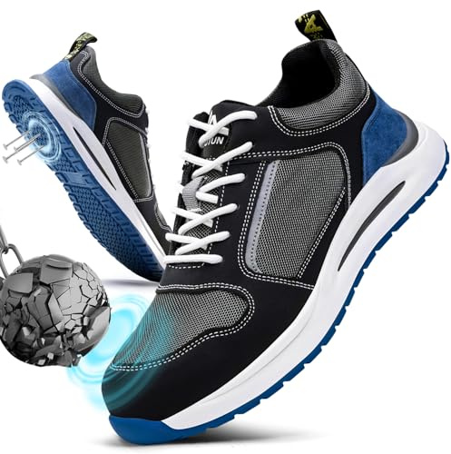LAoutun Safety Trainers Men Steel Toe Cap Trainers CE Certified Black Blue