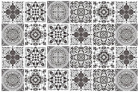 24 Pegatinas para Azulejos de Pared Flores Etnicas Grises Cenefa Adhesiva Cocina Azulejos Adhesivos Pegatinas Mosaico Pegatinas de Baldosas de Azulejos para Baño y Cocina