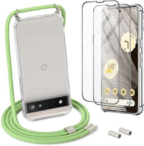 DiDaDi Funda protectora para Google Pixel 6a con 2 protectores de pantalla, cordón extraíble, elegante funda para colgar con cordón (verde)