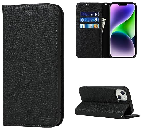 Cavor iPhone 14 Plus Case,Flip Genuine Leather Wallet Case,[4 Card Holders][Magnetic Closure][With Lanyard],Plustective Phone Cover Case for iPhone 14 Plus - Black