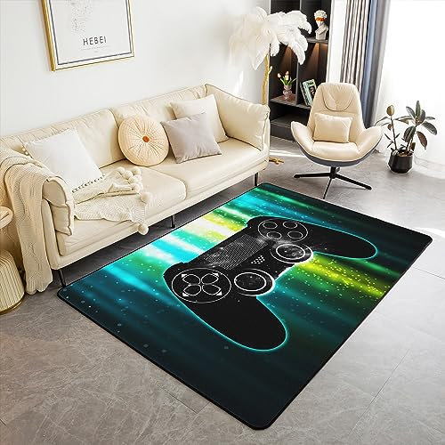 Moderne Spielbereich Teppich 150x200,Kinder Gaming Gamepad Dekor rutschfeste Teppich, grüne Neon Light Gradient Indoor Bodenmatte für Stühle Sofa Schlafzimmer