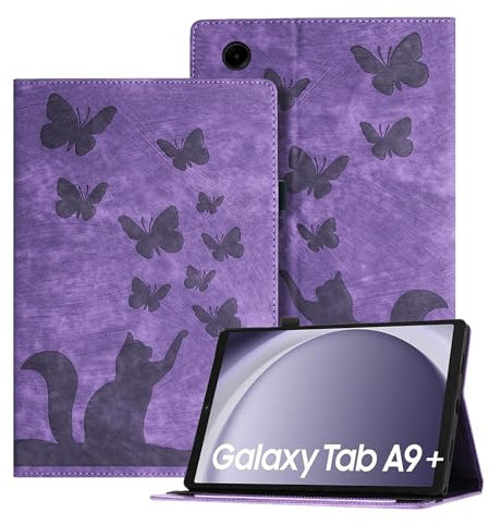 Auslbin Coque pour Tablette Samsung Galaxy Tab A9+ 2023 11 en Relief, étui pour Tablette en Cuir PU Rétro sur Le Thème des Papillons et des Chats, pour Tab A9+ A9 Plus SM-X210 SM-X215, Violet