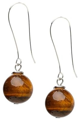 Boucles d'oreilles pendantes en argent faites à la main pour femmes avec crochets longs 925 et pierre gemme naturelle de 12mm | Cadeau pour femmes, filles (Oeil de tigre brun)