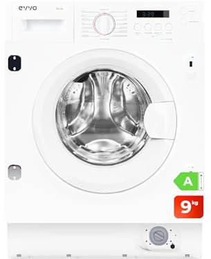 EVVO Lavadora Integrable 9kg, Vapor, Eficiciencia Clase A, Motor Inverter, Lavado Rápido 15', Bajo consumo, 1350 rpm, 15 programas, Carga frontal, Blanco, Aura (9Kg)