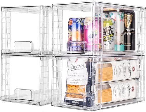 4Pack Large Stackable Kitchen Storage Drawers, Clear Foods Organizer Bins with Handles, Easily Assemble for Bathroom, Kitchen, Pantry, Cabinet, Closet(XL-Down Handle)