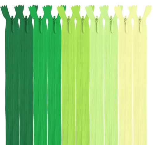 MARARDI [Pack 10 Cerniere Invisibili [Verdi] Nylon [45 cm] Chiusure Lampo per Cucito e Artigianato per Stoffa Vestiti Borse per Cucire a Macchina Tessuto di Cotone con Chiusura in Metallo