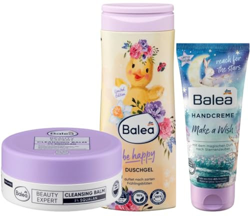 Balea 3er-Set Hautpflege: Reinigungsmousse Beauty Expert CLEANSING BALM (100 ml) + Cremedusche BE HAPPY Duschgel mit Duft nach zarten Frühlingsblüten (300 ml) + Handcreme MAKE A WISH (100 ml), 500 ml