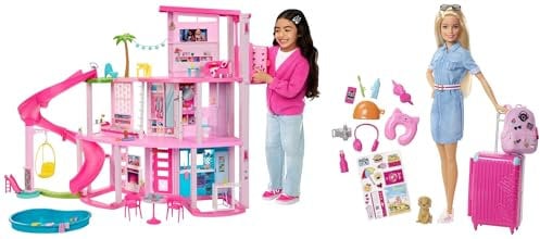 Barbie - Casa dei Sogni di Barbie, playset casa delle bambole con piscina, scivolo a 3 piani & Set da Viaggio - Bambola con Valigia Apribile e Cucciolo - Abito di Jeans - Adesivi