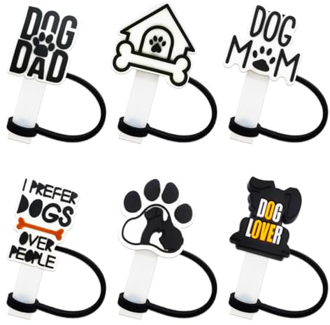 6Pcs Dog Straw Covers Cap Toppers for Stanley Cup 40Oz Tumbler with Handle, 10mm 0.4in Dust-Proof Reusable Puppy Straw Tips Lids (10mm Dog)