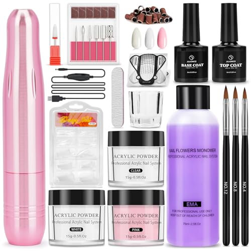 Acrylic Nail Kit for Beginners with Drill:3 Colors Acrylic Powder and 75ml Liquid Set - Nails Kit with Brush Top Coat Bast Coat 100PCS Nail Tips for Home Salon