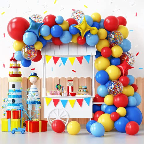 Karneval Zirkus Luftballons Girlande Rot Set,125 Stück(blaue und gelbe Ballons, Regenbogen, mehrfarbige Konfetti und Sternfolie Ballon zubehör) für Geburtstagsparty Karneval Thema Dekoration