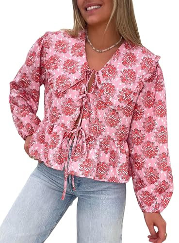 YILEEGOO Women's Tie Front Peplum Tops Long/Short Lantern Sleeve Peter Pan Collar Loose Babydoll Shirt Blouses