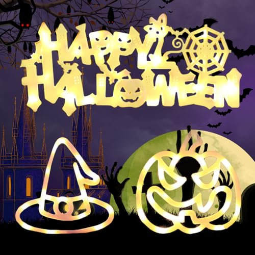 Calabazas Decoración de Halloween para Ventanas,Luces Para Ventana De Halloween,Luces de Halloween a pilas,Lámpara de Halloween,Luces de Decoración para Interior Exterior Halloween (color cálido)
