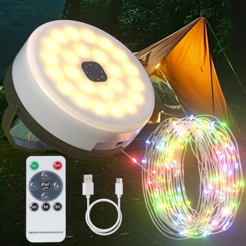 SoulBay Camping Lichterkette Aufrollbar, 10m RGB Bunt Camping Lichterkette mit 8 Beleuchtungsmodi, USB Aufladbar Campinglampe Camping Zubehör Wasserdichte für Zelt Zimmer Outdoor Halloween Deko