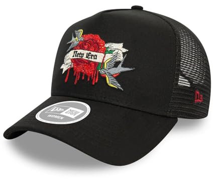 New Era Berretto da Camionista da Donna Regolabile Snapback Tatuaggio Rosa Uccello Maglia Nero