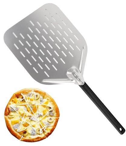 TNOMSNO Pala para Pizza, 12 Pulgadas Profesional, Aluminio, 40x30cm, Superficie Grande, Perforada, Asa Desmontable, Plateada