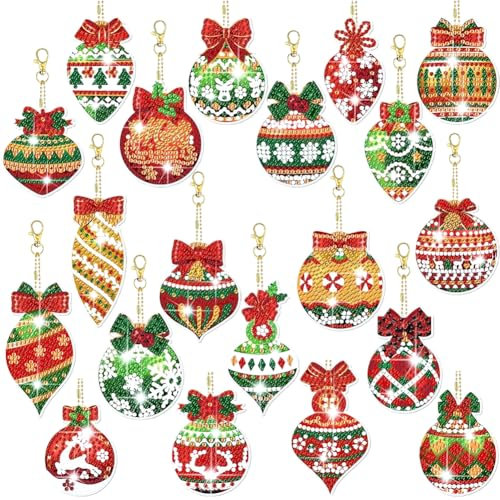 NIEEKRUN 20 Stück Weihnachten Diamond Painting Anhänger, 5D Diamant Painting Weihnachten Schlüsselanhänger, Doppelseitige Diamant Painting Kinder Winter Malerei Bastelset DIY Kit Weihnachtendeko