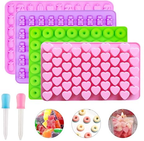Lot de 4 moules à bonbons en silicone avec 2 compte-gouttes, moule à chocolat en forme de cœur pour bonbons, chocolat, gelée, y compris fruits, beignets, oursons en gomme, moules en forme de cœur