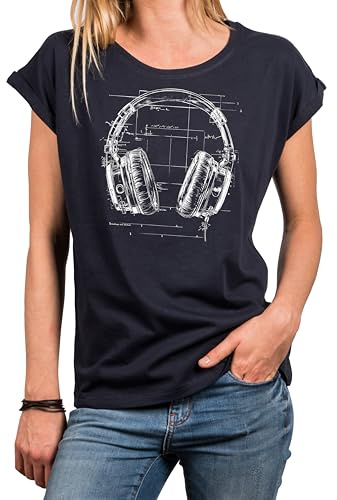 MAKAYA Damen Shirt mit Kopfhörer Motiv Stylisches Hip Hop Kurzarm Top Frauen Musik Design