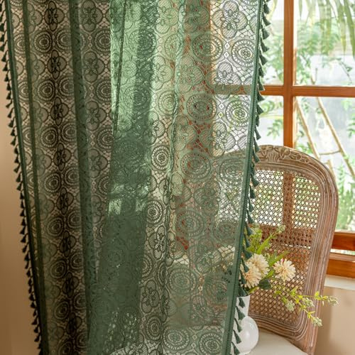 YJ Yanjun Bohemische Vorhänge, grün, durchscheinend, 243,8 cm lang, 2 Paneele, altmodisch gehäkelt, für Wohnzimmer, Frühlingsquasten, Lichtfilterung, Bauernhaus-Stil