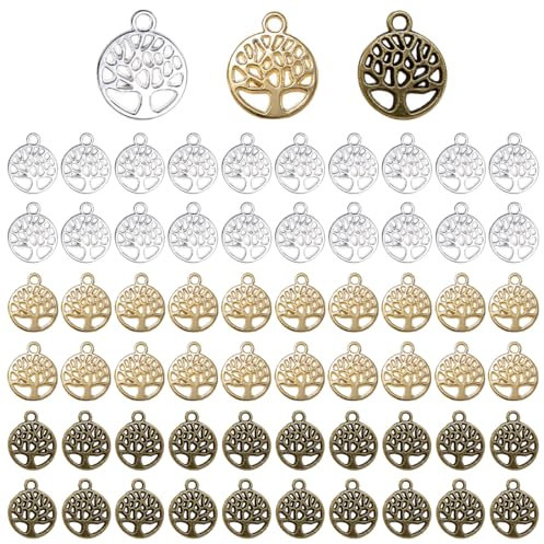 AFCJLTO 60 Stück Charms Anhänger Lebensbaum Retro Antik Silbern Bronze Mischung für Schmuck Basteln für Ohrringen Anhängern Ketten Kommunion Taufe (Silber, Gold, Bronze)