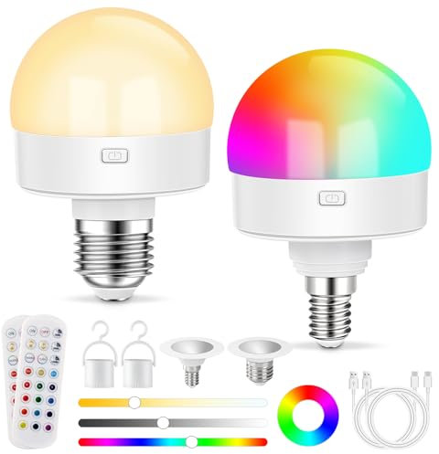 USB Rechargeable Light Bulb with Remote Control, Dimmable Colour Bulbs with Timing, Detachable RGB LED Bulb with E27 & E14 Bases, Battery Powered, 12+3 Color Temperatures, for Non Hardwired Lamps
