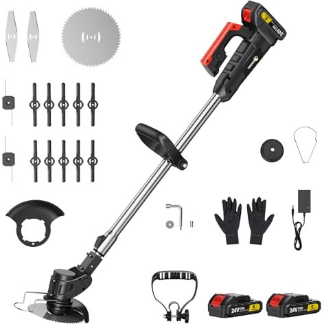 Cordless Strimmer Garden Strimmer with 4 Blades, 2 x 21V 2.0Ah Battery Strimmer Adjustable Retractable Electric Strimmer, Grass Trimmer for Yard, Garden, Sidewalk Edges Light (2025)