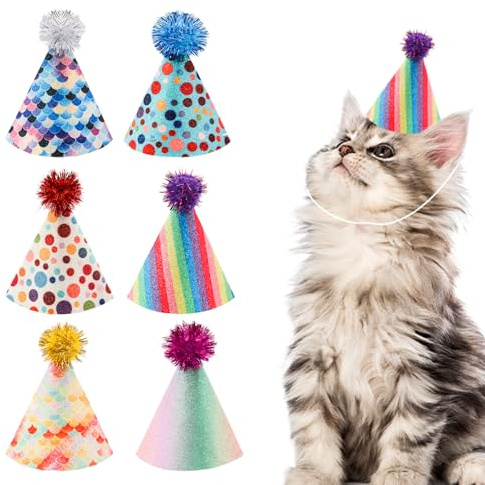 6-teiliges Geburtstags-Set für Hunde/Katzen und Mini-Partyhüte für Stofftiere, verstellbare Stirnbänder, mehrfarbige Geburtstagshüte für Kätzchen, Kaninchen, Katzen, Hunde, Kleintiere