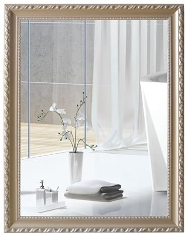 Dekorativer Wandspiegel mit Holzrahmen für Badezimmer oder WC, Champagner, 40 x 50 cm