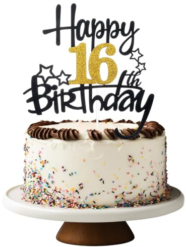 Tyqour Tortendeko 16th Geburtstag Kuchendeko,Happy 16th Birthday Cake Topper Gold Schwarz Kuchen Deko 16 Geburtstag Junge Mädchen Kuchen Topper Tortenaufsätze für 16 Geburstagstorte Deko Gold Schwarz