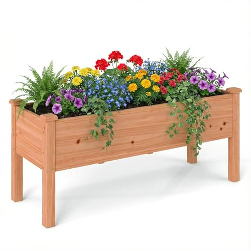 COSTWAY Maceta Elevada de Madera de Abeto, 120 x 43,5 x 51 cm, Jardinera de Suelo Elevada para Plantas Flores con 5 Hoyos de Drenaje, Estructura de Cedro Natural, Cama para Cultivo Jardín (Naranja)