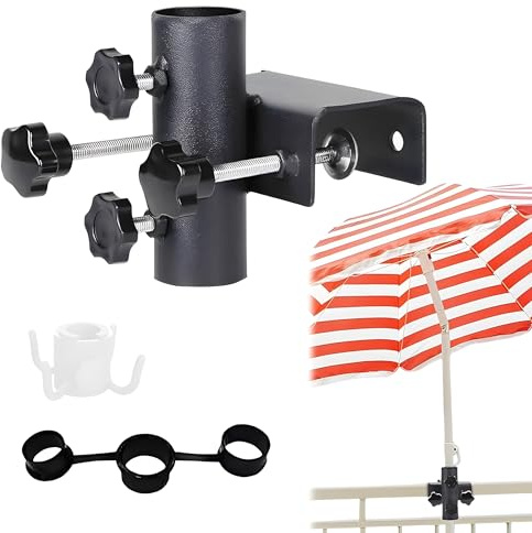 Sonnenschirmhalter Balkongeländer mit Haken, Ø25–38 mm Balkon Schirmhalterung Einstellbar, Sonnenschirm Halterung, Schirmhalterung Balkongeländer, Halterung Sonnenschirm Balkon, Balkonschirmhalter