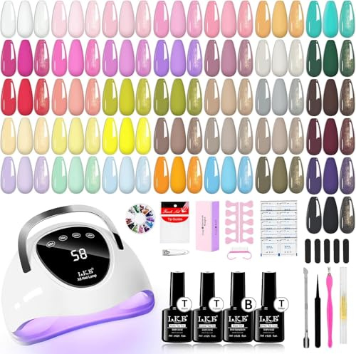 LKEE Gel Nail Polish Set with 108W U V Lamp - 65Pcs Nail Kits for Starter,36 Vibrant, Shimmering, and Matte Colors Gel Nail Polish with Base Coat and Top Coat (Pastel Hues)
