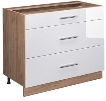 Vicco Küchenunterschrank Fame-Line, Weiß Hochglanz/Eiche, 100 cm | MDF-Front · Ohne Arbeitsplatte · Höhenverstellbare Füße · Metallgriffe · Metall-Vollauszüge