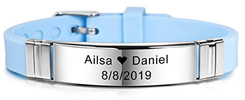 MeMeDIY 13mm Large Identification De Nom De Sport Réglable en Silicone Bracelet Personnalisé pour Homme Femme Enfant Caoutchouc en Acier Inoxydable - Gravure Personnalisée (Bleu Couleur)