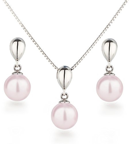 Schöner SD Glänzendes Schmuckset 925 Silber Rhodium Perlen Ohrringe und Halskette mit Anhänger hell-rosa
