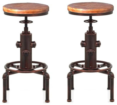 Topower American Antique Vintage Industrial Barstool Solid Wood Water Pipe Fire Hydrant Design Cafe Coffee Industrial Bar Stool Set of 2 (Red Bronze, 2)