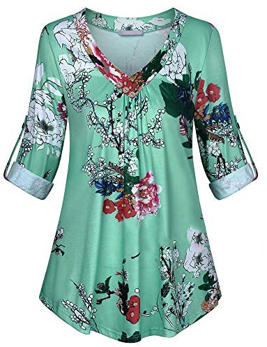 iHENGH Damen Frühling Sommer Top Bluse Bequem Lässig Mode Frauen Blusen Plus Size Langarm Print V Ausschnitt Button Pullover Tops Shirt(Blau, L)