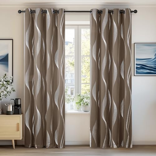 Deconovo Lot de 2 Rideaux Motif Ligne Balcon Extérieur L’Hotel Salle Enfant Rideau Phonique Argenté Occultant Isolant Thermique Anti Froid à Oeillets 140x175cm Taupe…