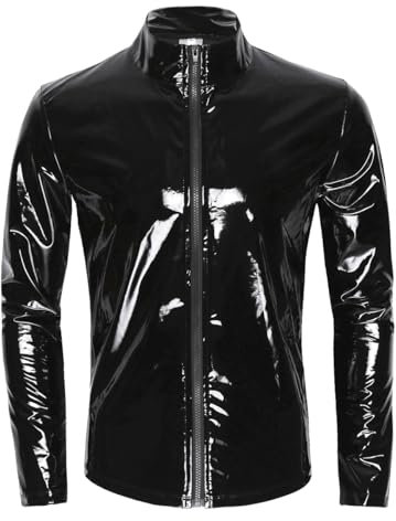Alvivi Herren Wetlook Shirt Lack-Optik Jacke Mantel Metallic Langarmshirt Slim Fit Glänzend Hemd Tops Oberteile Party Clubwear Schwarz XXL